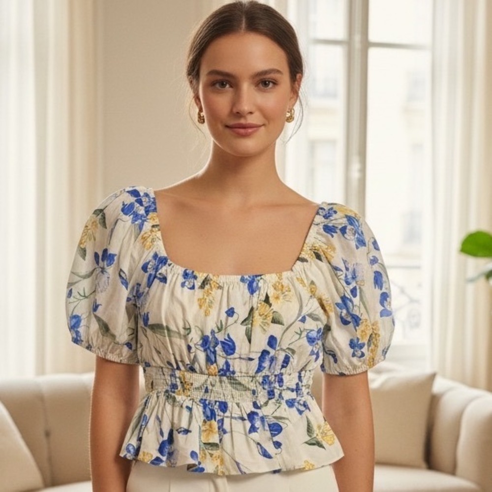 Express Floral Puff Sleeve Top Blue Yellow Smocked Peplum Blouse Medium NWT